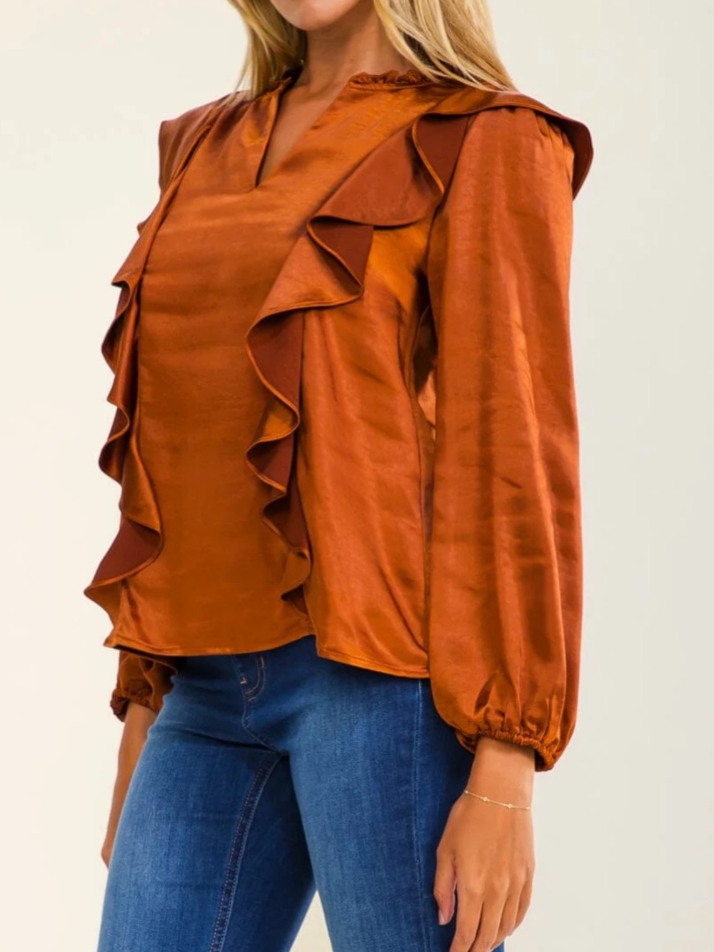 Rust Ruffle V-Neck Satin Blouse - Picture 4 of 4